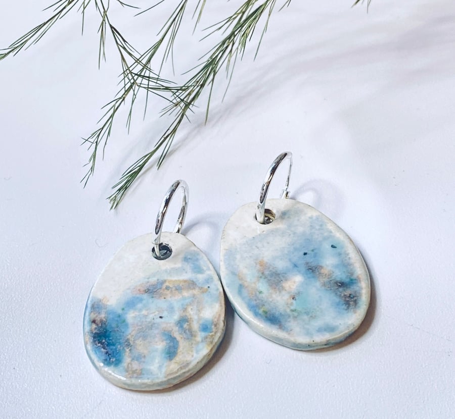 Hand glazed sterling silver and ceramic drop earrings - made in Norfolk