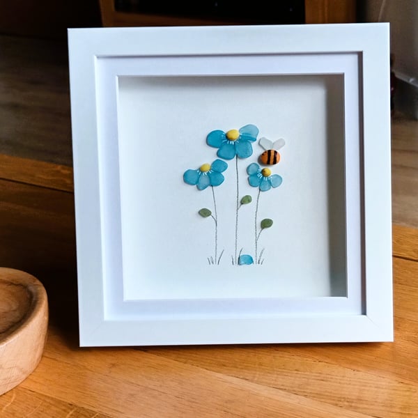 Forget Me Not Flowers, Sea Glass Art, Gifts for Her, Remembrance Floral Wall Art