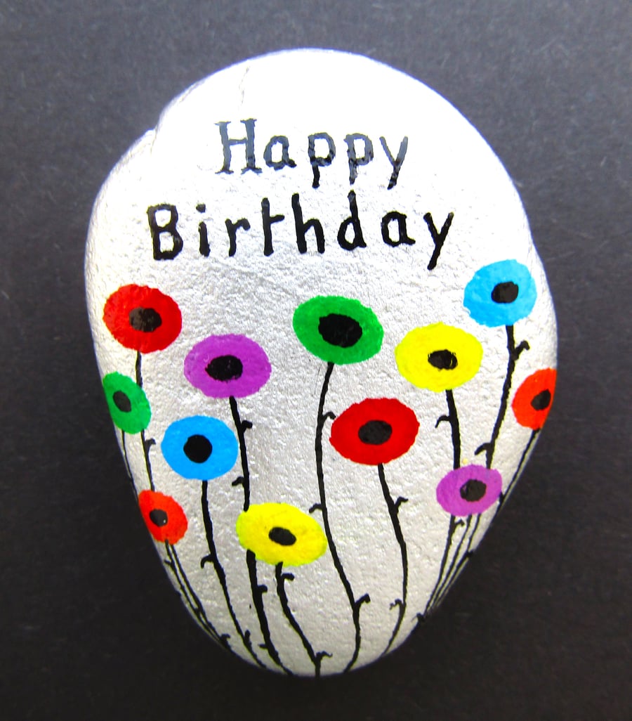 Painted Stone, Flowers Birthday Gift, Pebble Painting, Art Magnet, Small Rock