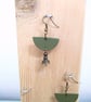 Leather Earrings Khaki Green Leather and Metal Bead Boho Style Half Moon  - Image 2
