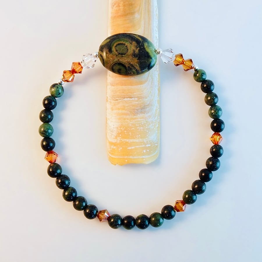 Green Kambaba Jasper Bracelet With Orange Swarovski Crystals - Handmade In Devon