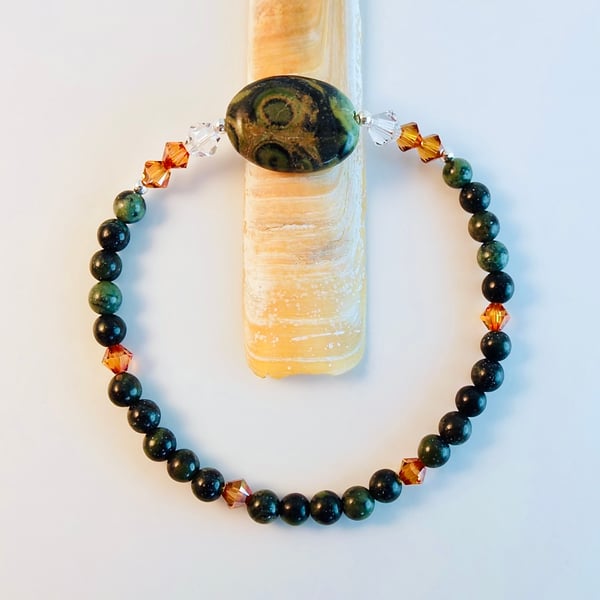 Green Kambaba Jasper Bracelet With Orange Swarovski Crystals - Handmade In Devon