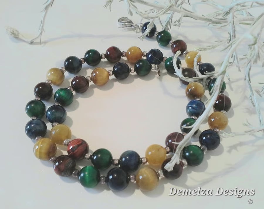Multicoloured Tiger's Eye Sterling Silver Plated Necklace