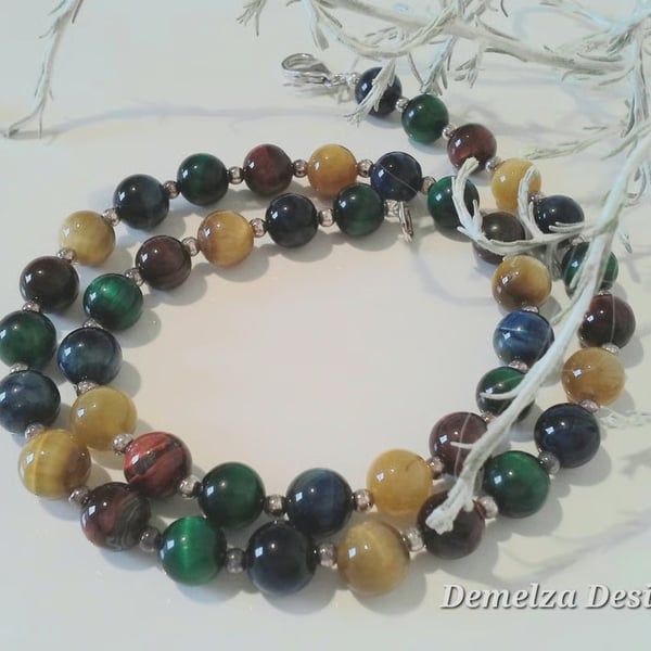 Multicoloured Tiger's Eye Sterling Silver Plated Necklace