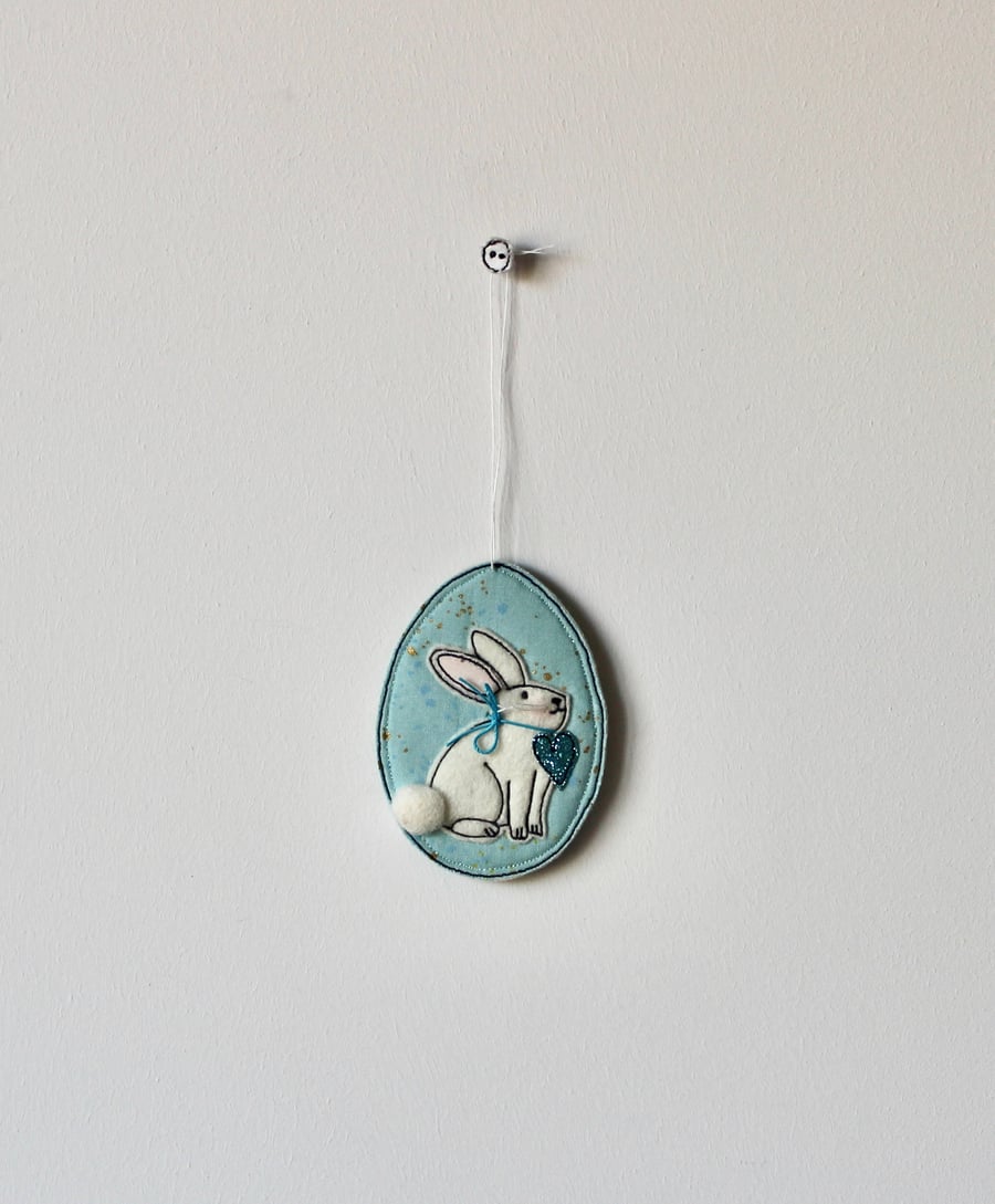 'Bunny on a Blue Egg with a Blue Glitter Heart 9' - Hanging Decoration