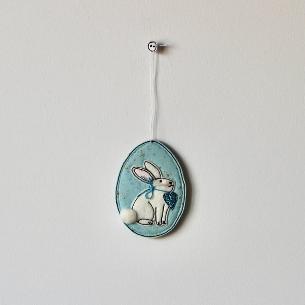 'Bunny on a Blue Egg with a Blue Glitter Heart 9' - Hanging Decoration