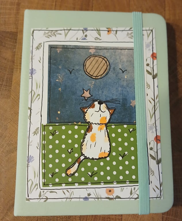 Quirky art, moongazer A6 lined hand decorated quirky cat journal notebook