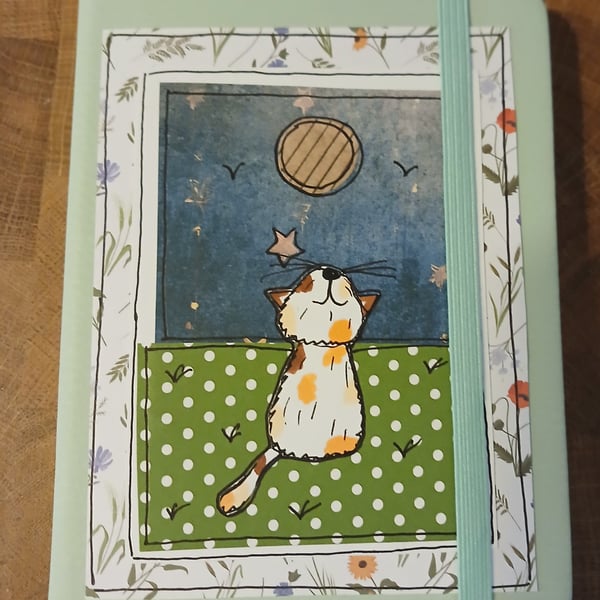 Quirky art, moongazer A6 lined hand decorated quirky cat journal notebook