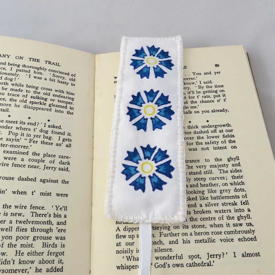 Embroidered Stencilled Bookmark on vintage cotton - cornflowers