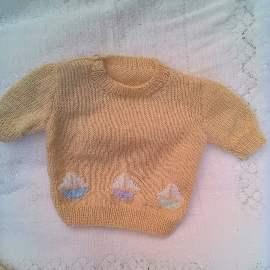 Baby Boys Knitted Jumper with Sail Boats at the Hem, Baby Clothes, Custom Make