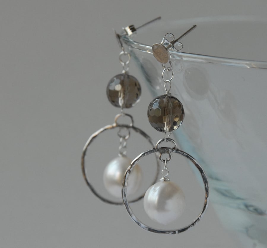 pearl, smoky quartz and silver statement earrings