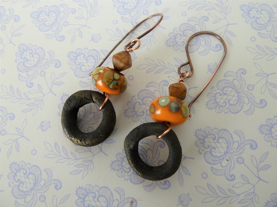 orange hoop copper and lampwork earrings