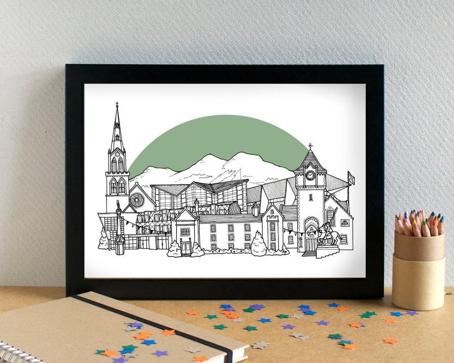 Galashiels Skyline Art Travel Print