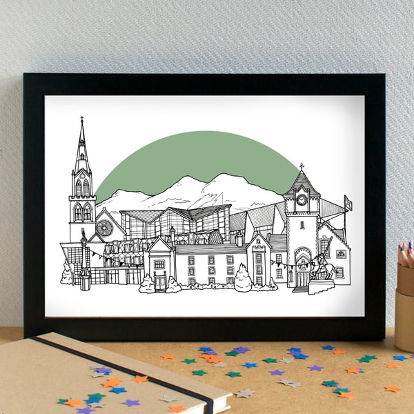 Galashiels Skyline Art Travel Print