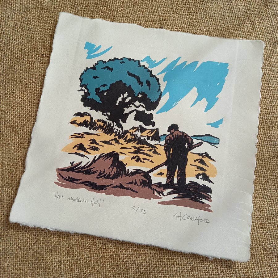 Hay Meadow Hush - Historic rural scene linocut - hand printed & limited edition