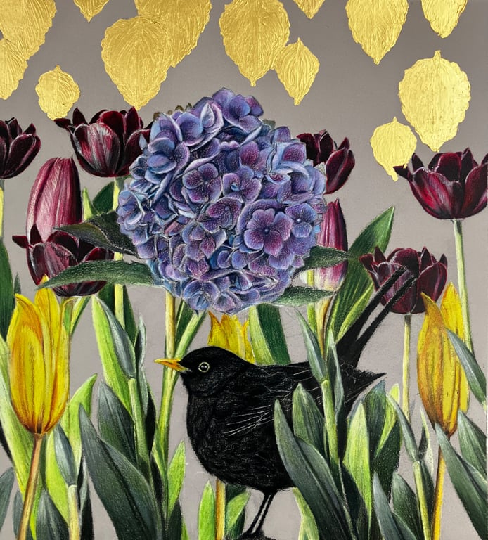 Garden Haven' – Original Coloured Pencil & Gold Leaf Framed Artwork