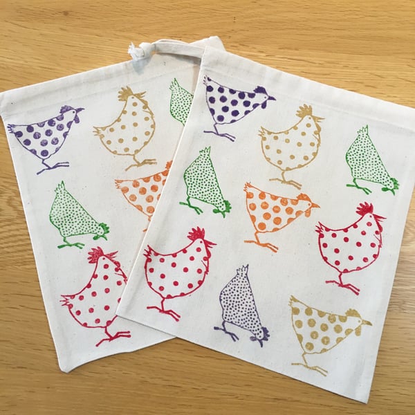 Hand Block Printed Easter Egg Hunt Drawstring Bag - Chickens