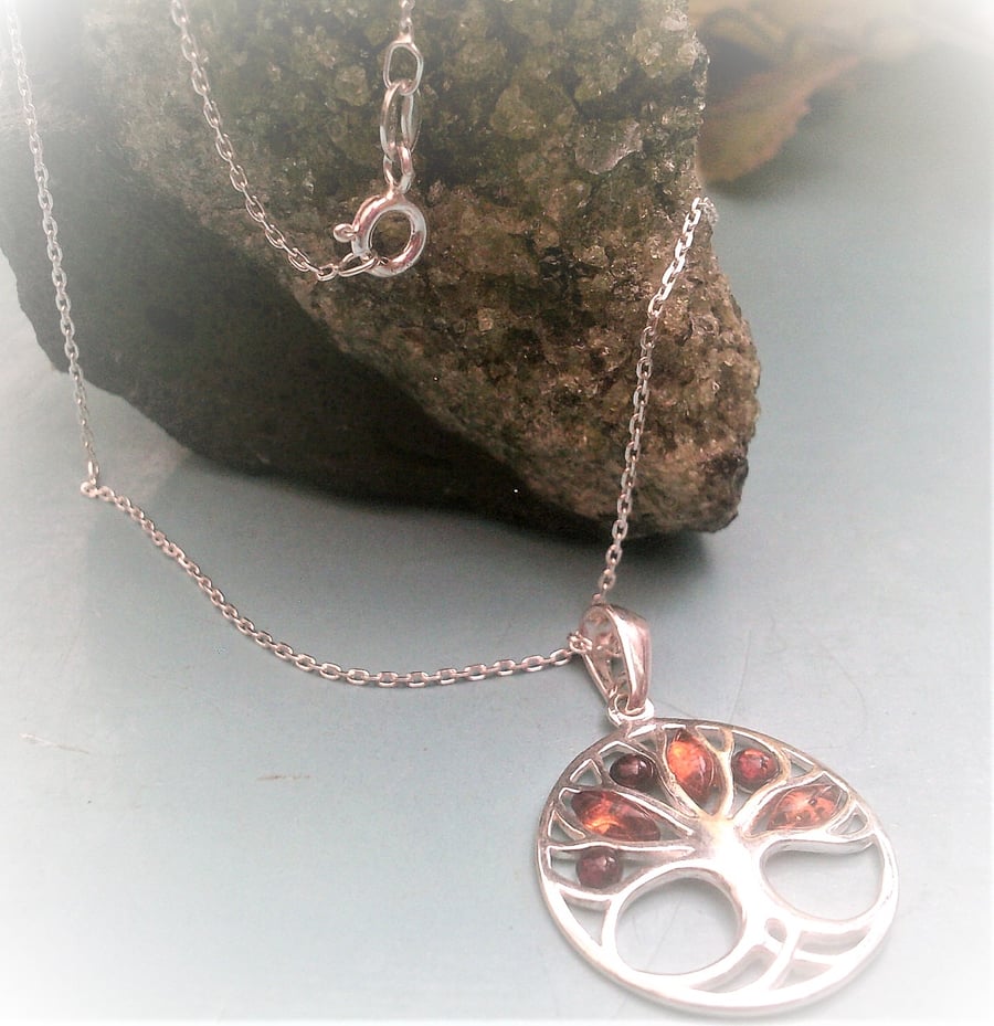 Amber Tree Of Life Sterling Silver Necklace