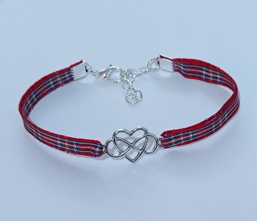 Infinity heart bracelet with a choice of Scottish tartan ribbon