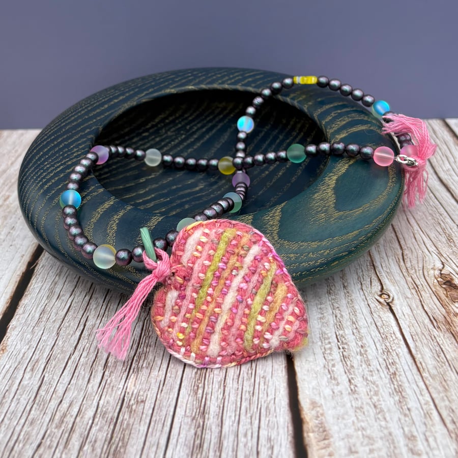 Bead and Felted Charm BoHo style Necklace - Pink Striped Heart