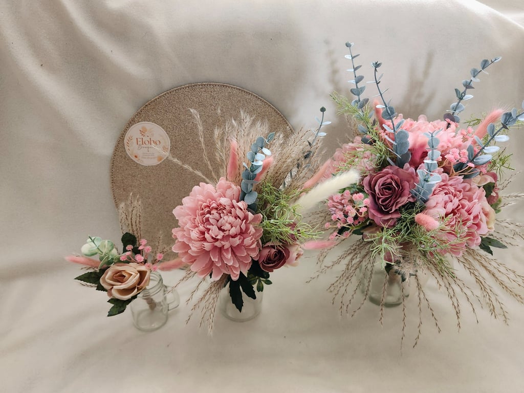 Pampas and Pink Brides Bouquet, Flowergirl and Buttonhole