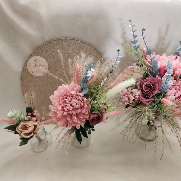 Pampas and Pink Brides Bouquet, Flowergirl and Buttonhole