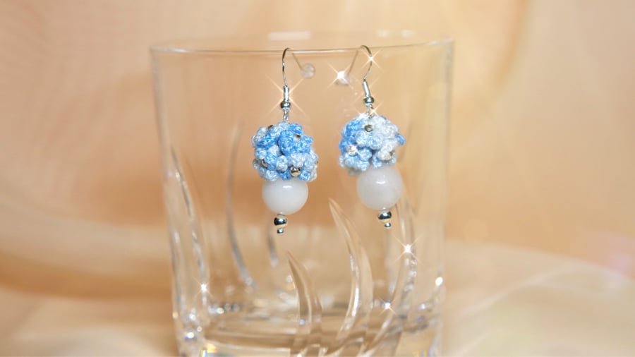 White Agate Microcrochet Floral Earrings 