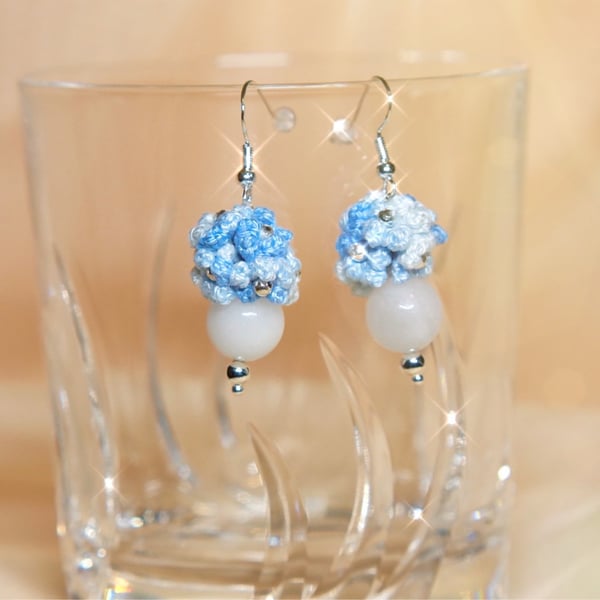 White Agate Microcrochet Floral Earrings 