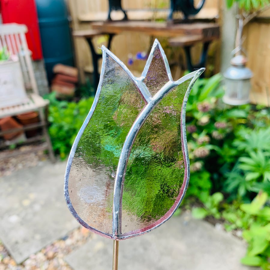 Stained  Glass Lily Tulip Stake Large - Plant Pot Decoration -  Pink Streaky