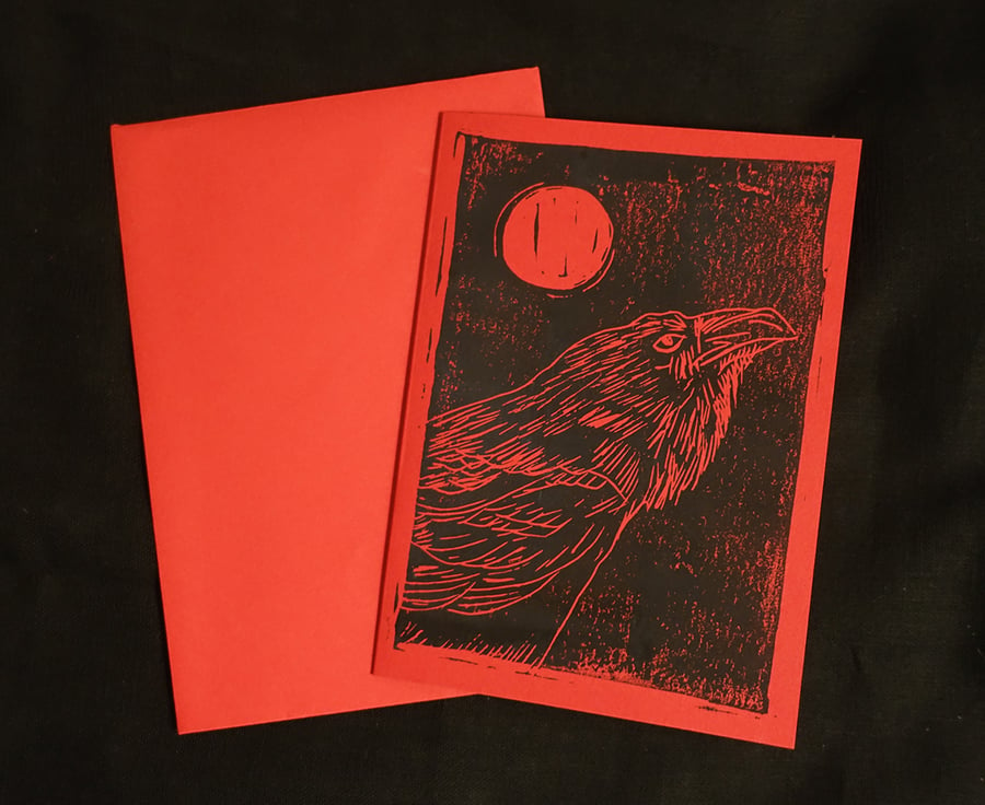 Raven and Moon alternative greeting card, lino print, Red and Black, A6 Print