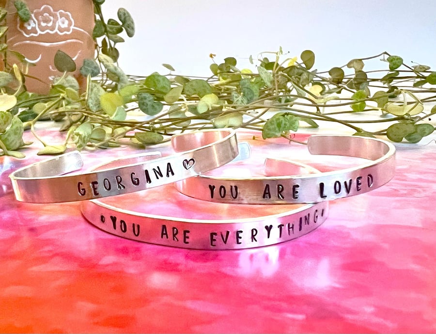 Hand Stamped 'You Are Loved' Aluminum Bangle Cuff