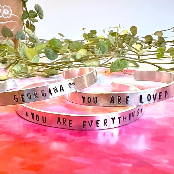 Hand Stamped 'You Are Loved' Aluminum Bangle Cuff