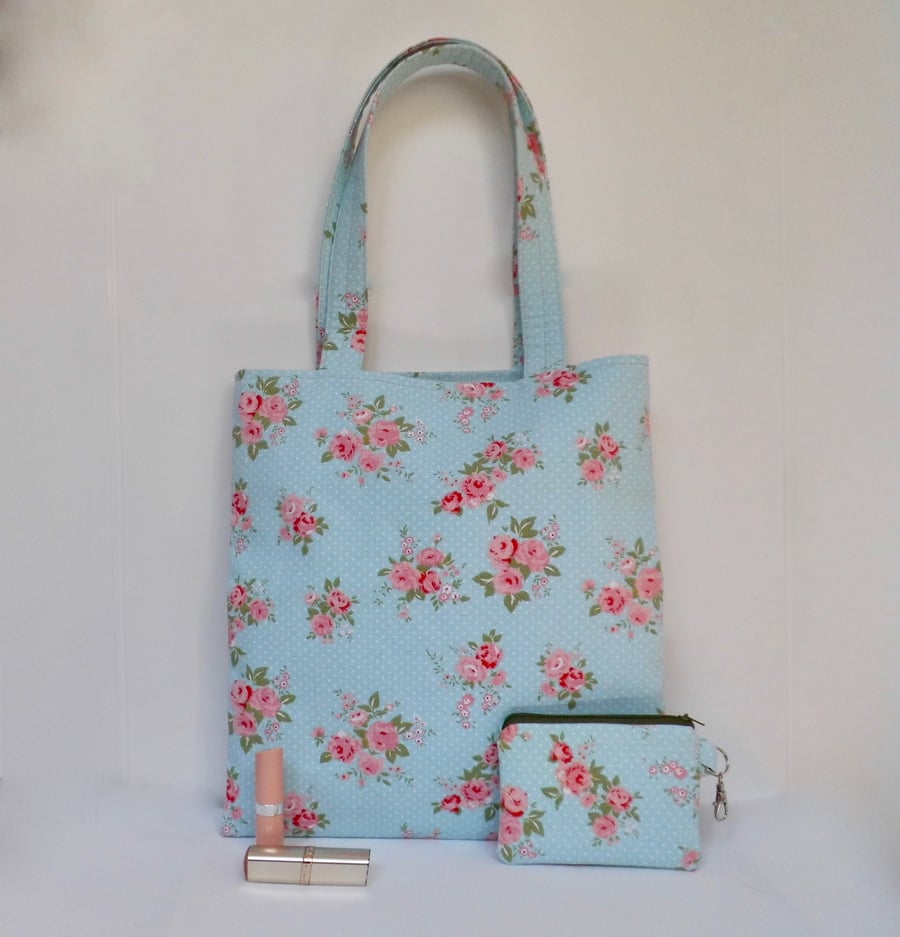 Tote bag and purse in blue vintage style fabric pink posies