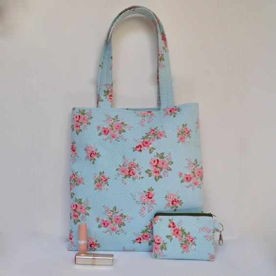 Tote bag and purse in blue vintage style fabric pink posies