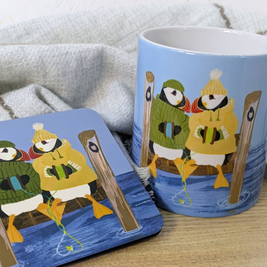 Valentine gift set Mug Coaster card Puffin love