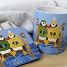 Valentine gift set Mug Coaster card Puffin love