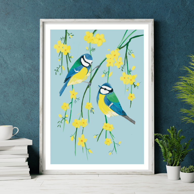 Bird art print Blue Tits and Jasmine Mounted print two sizes