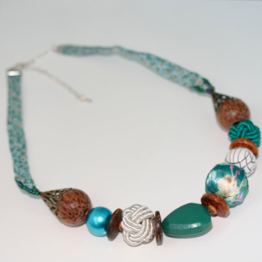 SALE Chunky green wood and textile bead necklace