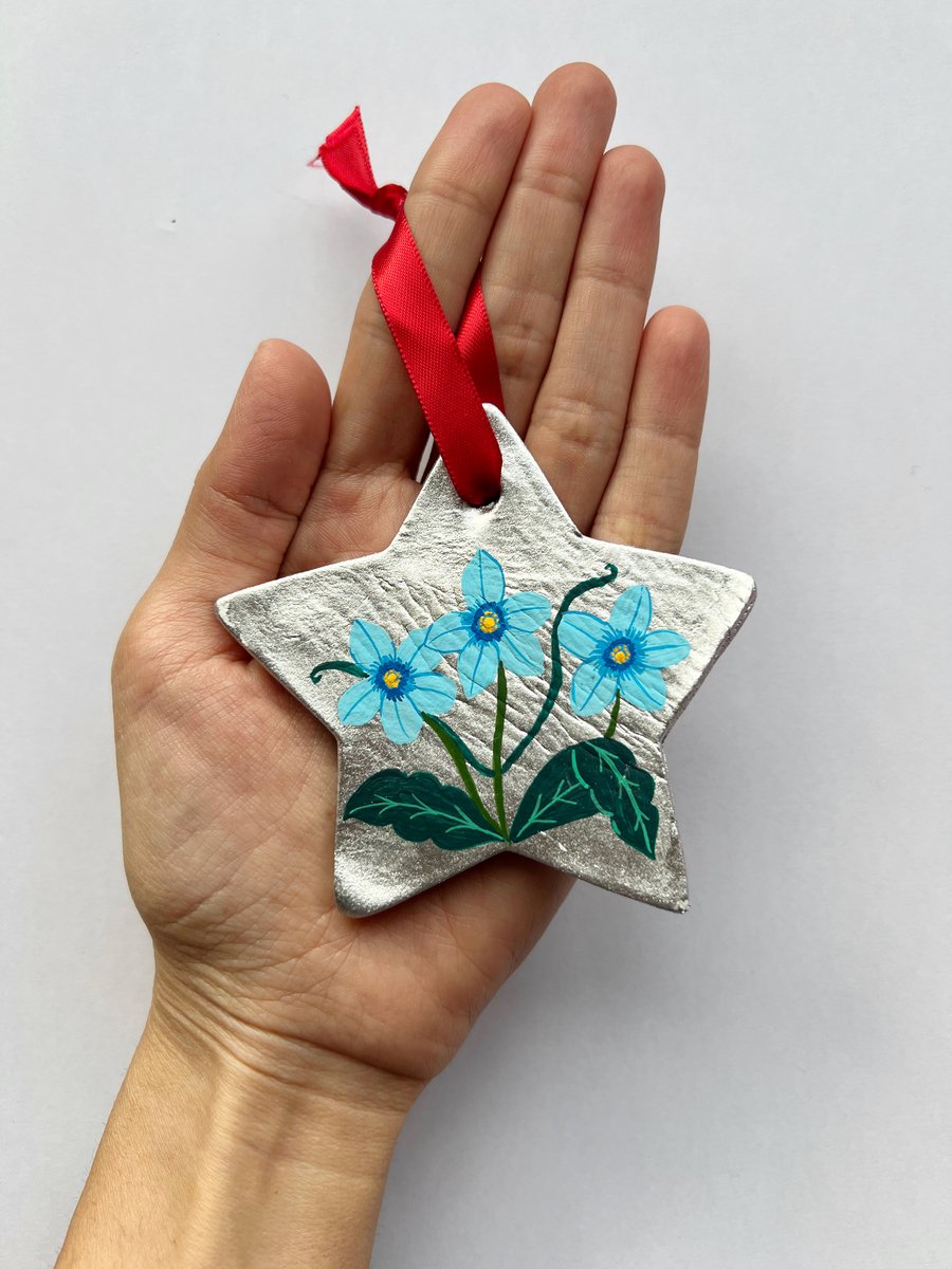 Hand painted Silver Star Ornament with Blue Wildflowers