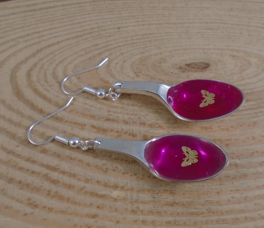 Upcycled Silver Plated Pink Butterfly Sugar Tong Spoon Earrings SPE101904