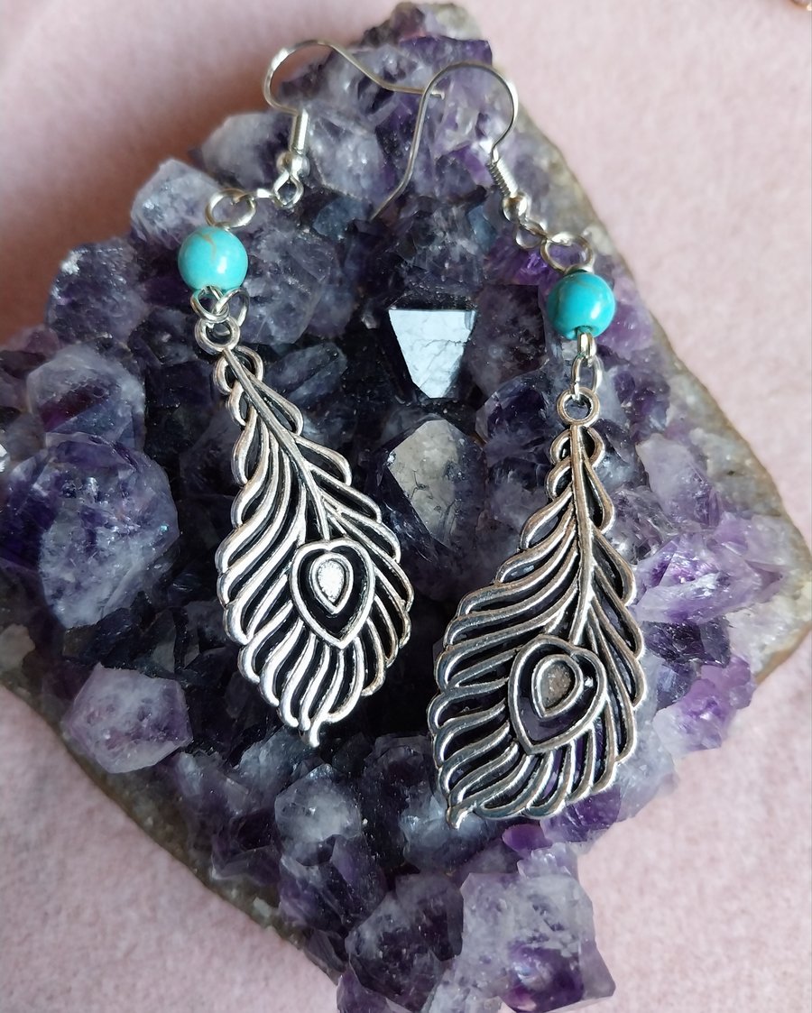 Feather and Turquoise Earrings 