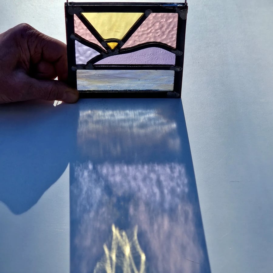 Purple sunset landscape stained glass leaded panel.