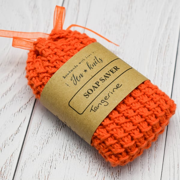Hand knitted cotton soap saver - Orange - with Tangerine soap