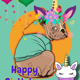 Happy Birthday French Bulldog Unicorn Card A5