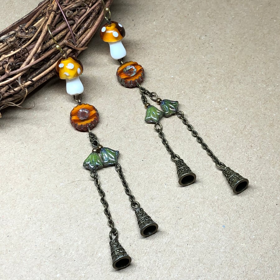 Very long glass mushroom earrings