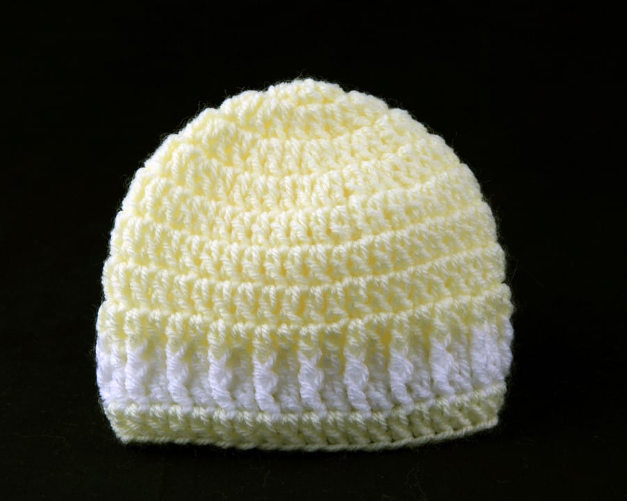 Crochet Baby Beanie Hat in Yellow and White, Colour Options Available