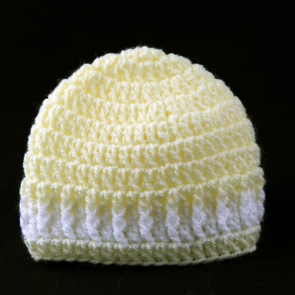 Crochet Baby Beanie Hat in Yellow and White, Colour Options Available