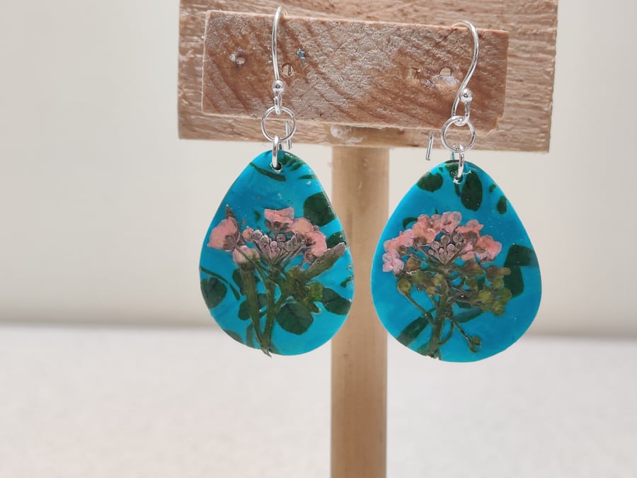 Pressed flower polymer clay pebble hook earrings