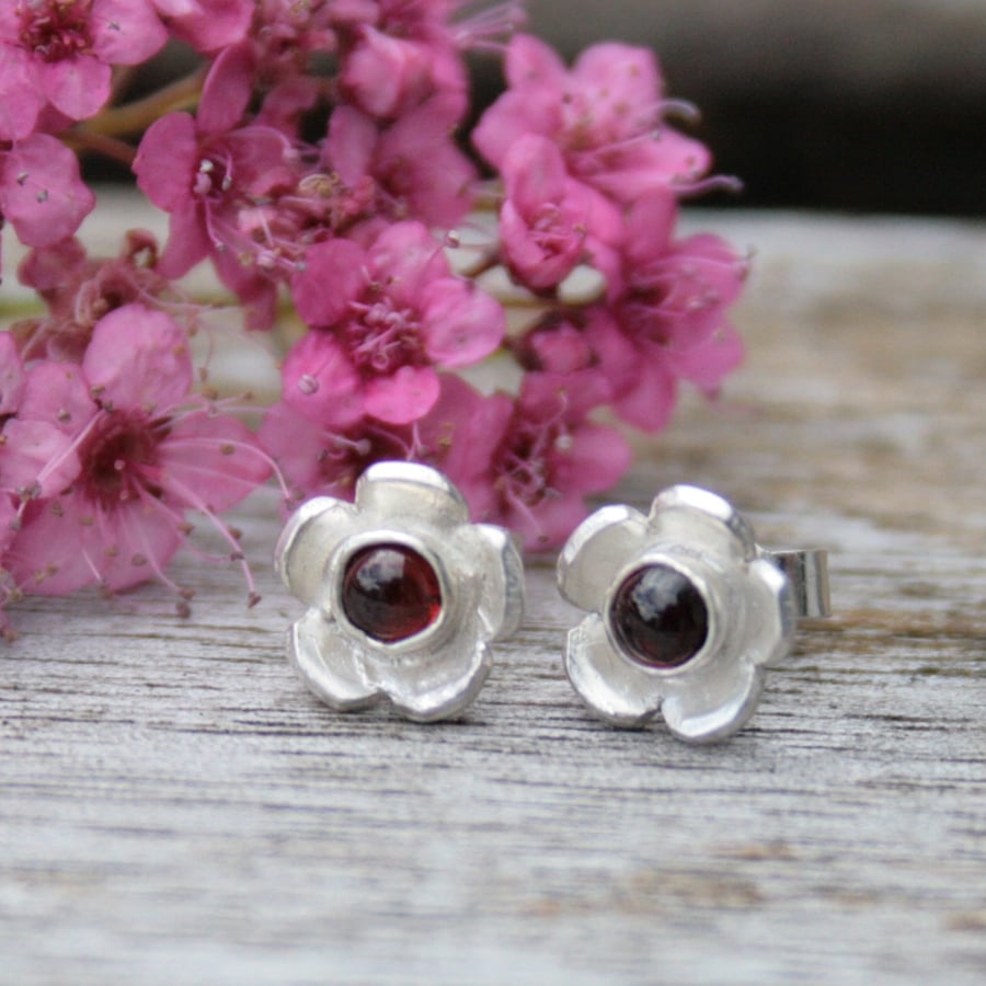 Garnet and flower stud earrings, gemstone earrings, January birthstone