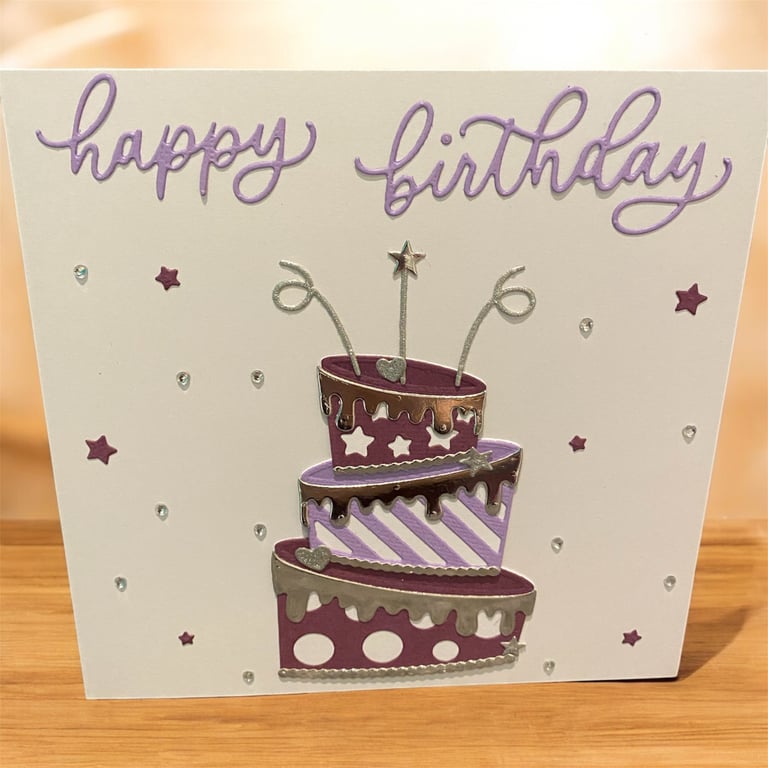 Handmade Birthday Card – Purple & Silver Tiered Cake with Sparkle Acce